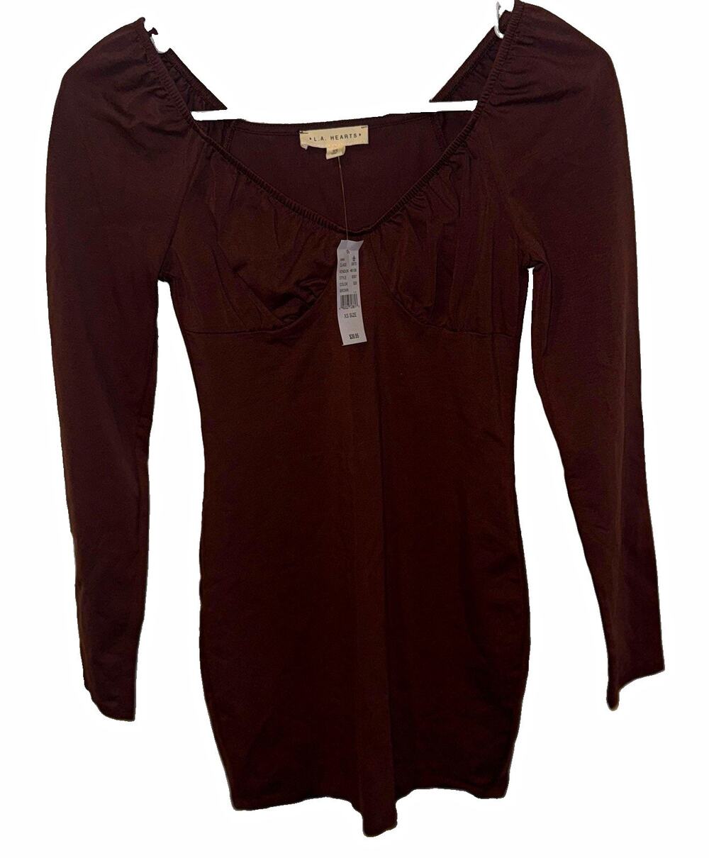 L.A. Hearts Solid Brown V-Neck Long Sleeve Bodycon Mini Dress Size XS NWT